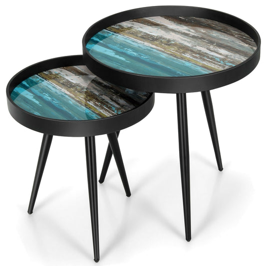 Set of 2 Stylish Nesting End Tables with Wooden Tray Top and Steel Legs, Black at Gallery Canada