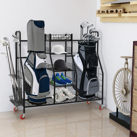 Double Golf Bag Rack With Removable Club Stand And Wheels, Black