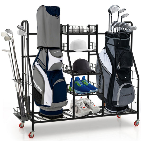 Double Golf Bag Rack with Removable Golf Club Stand and Wheels, Black