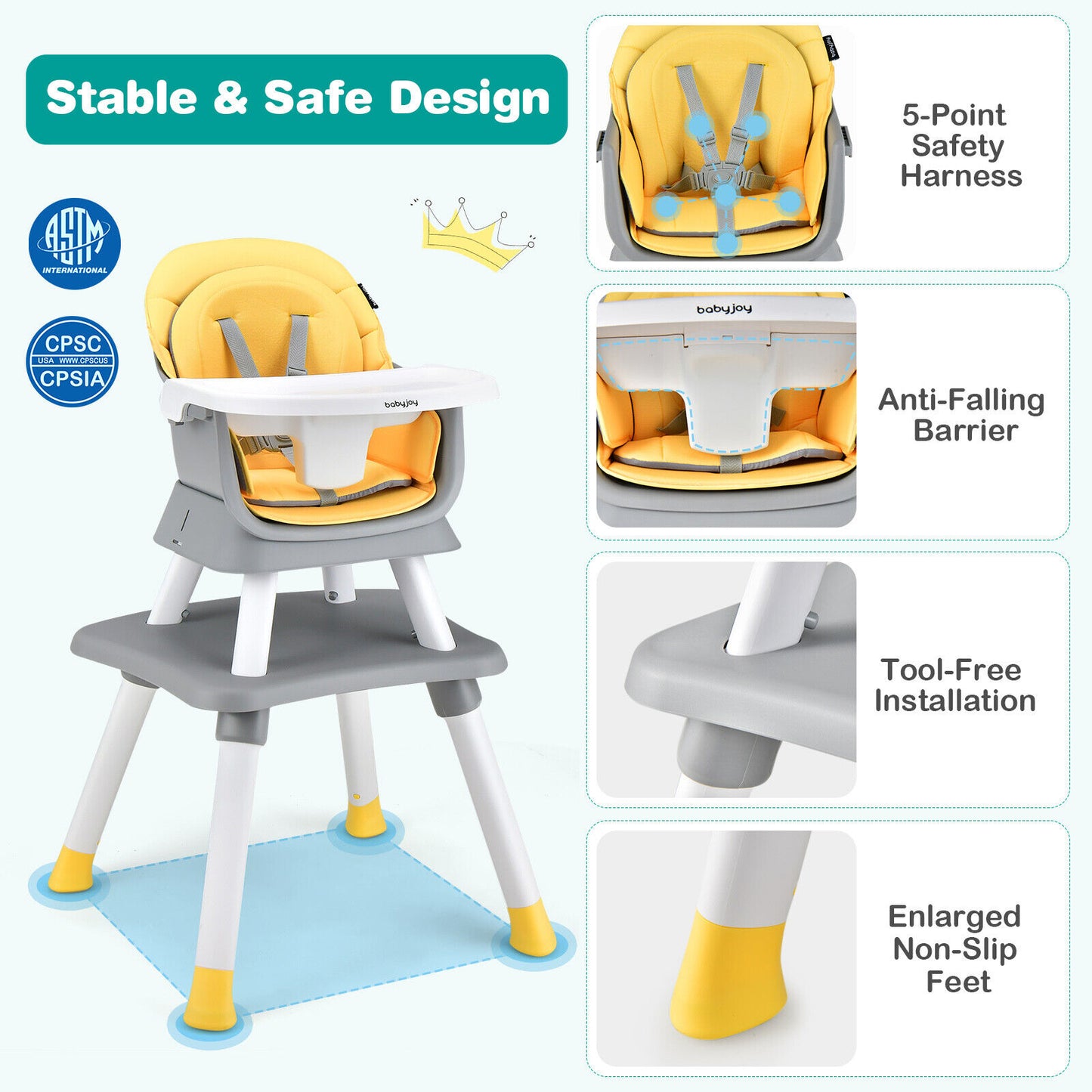 6-in-1 Convertible Baby High Chair with Adjustable Removable Tray, Yellow High Chairs at Gallery Canada