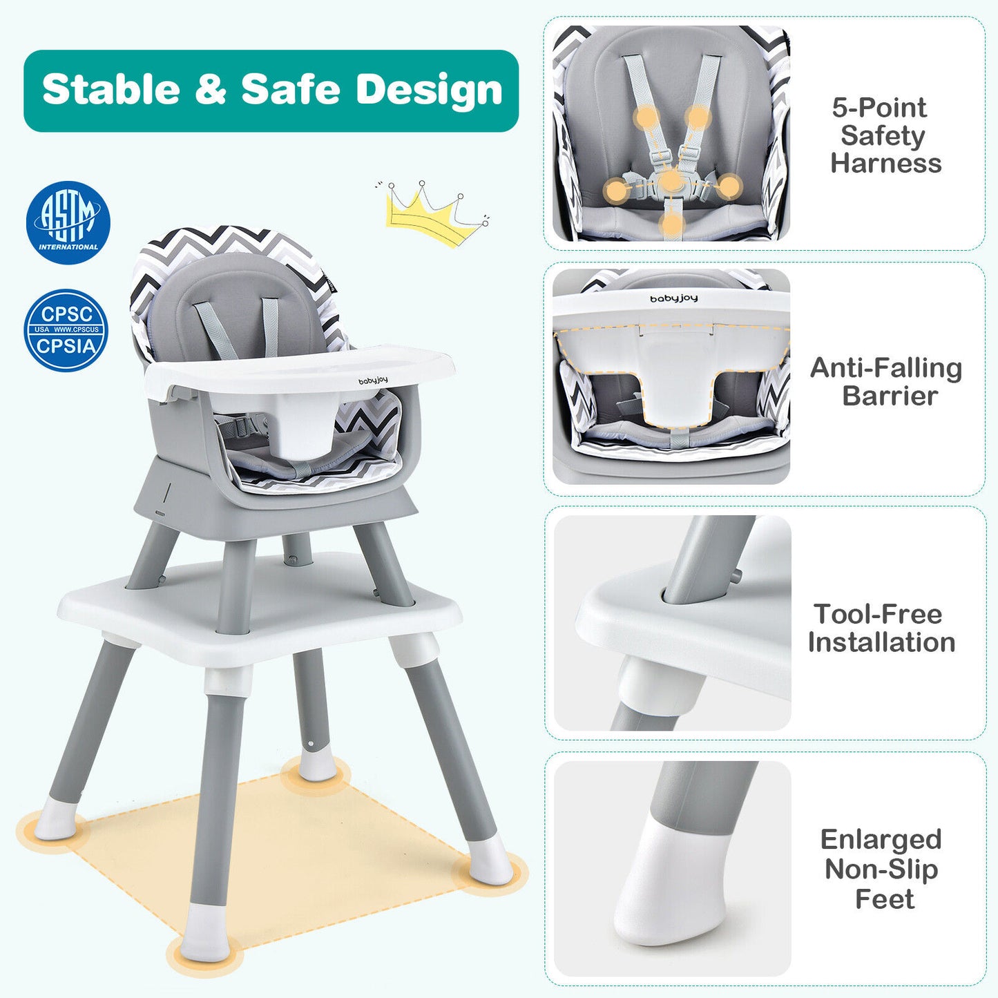 6-In-1 Convertible Baby High Chair, Adjustable Removable Tray, Gray White High Chairs at Gallery Canada
