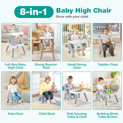 6-in-1 Convertible Baby High Chair with Adjustable Removable Tray, Gray & White