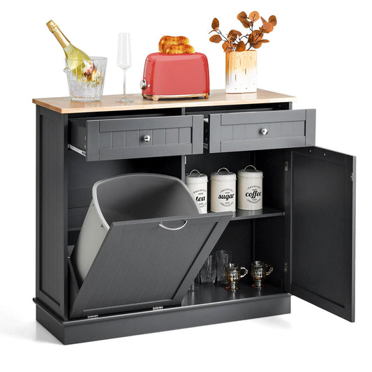 Rubber Wood Kitchen Trash Cabinet with Single Trash Can Holder and Adjustable Shelf, Gray