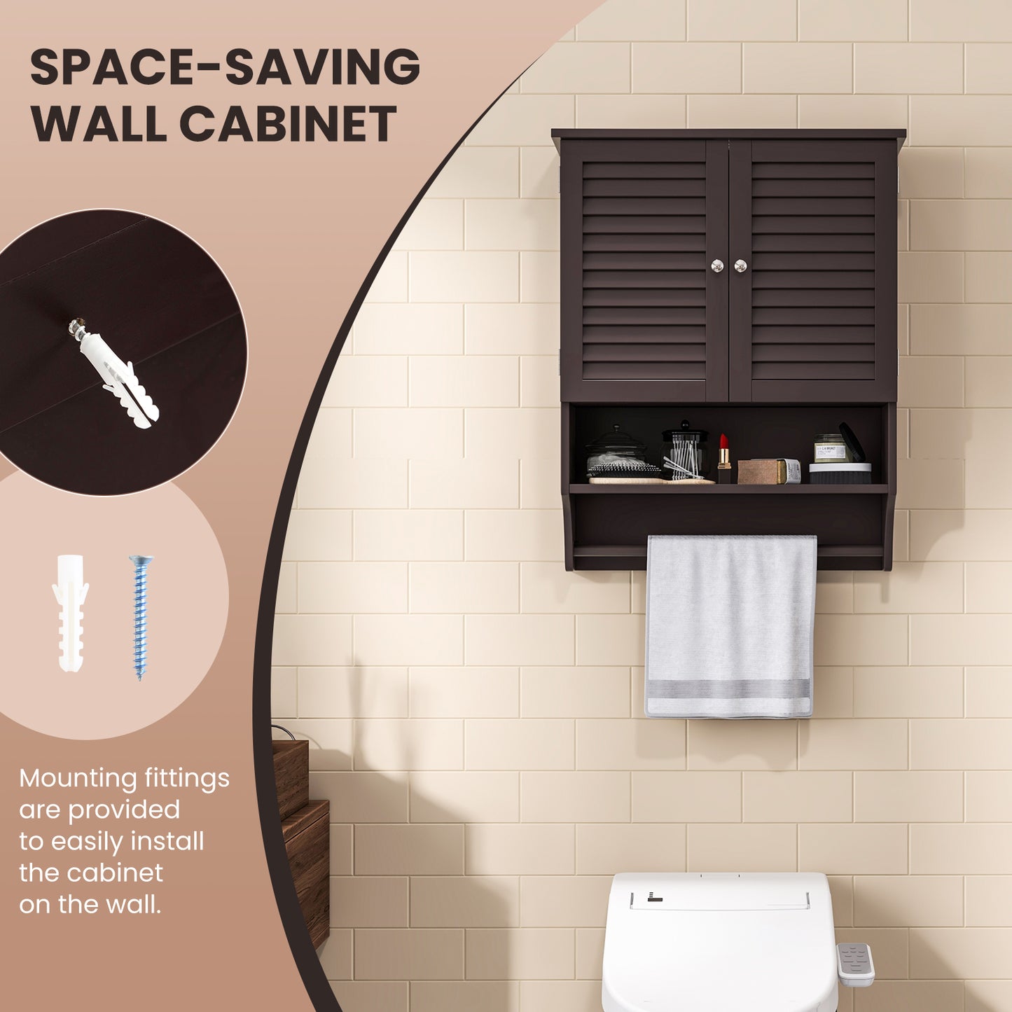 2-Doors Bathroom Wall-Mounted Medicine Cabinet with Towel Bar, Brown Wall Cabinets at Gallery Canada