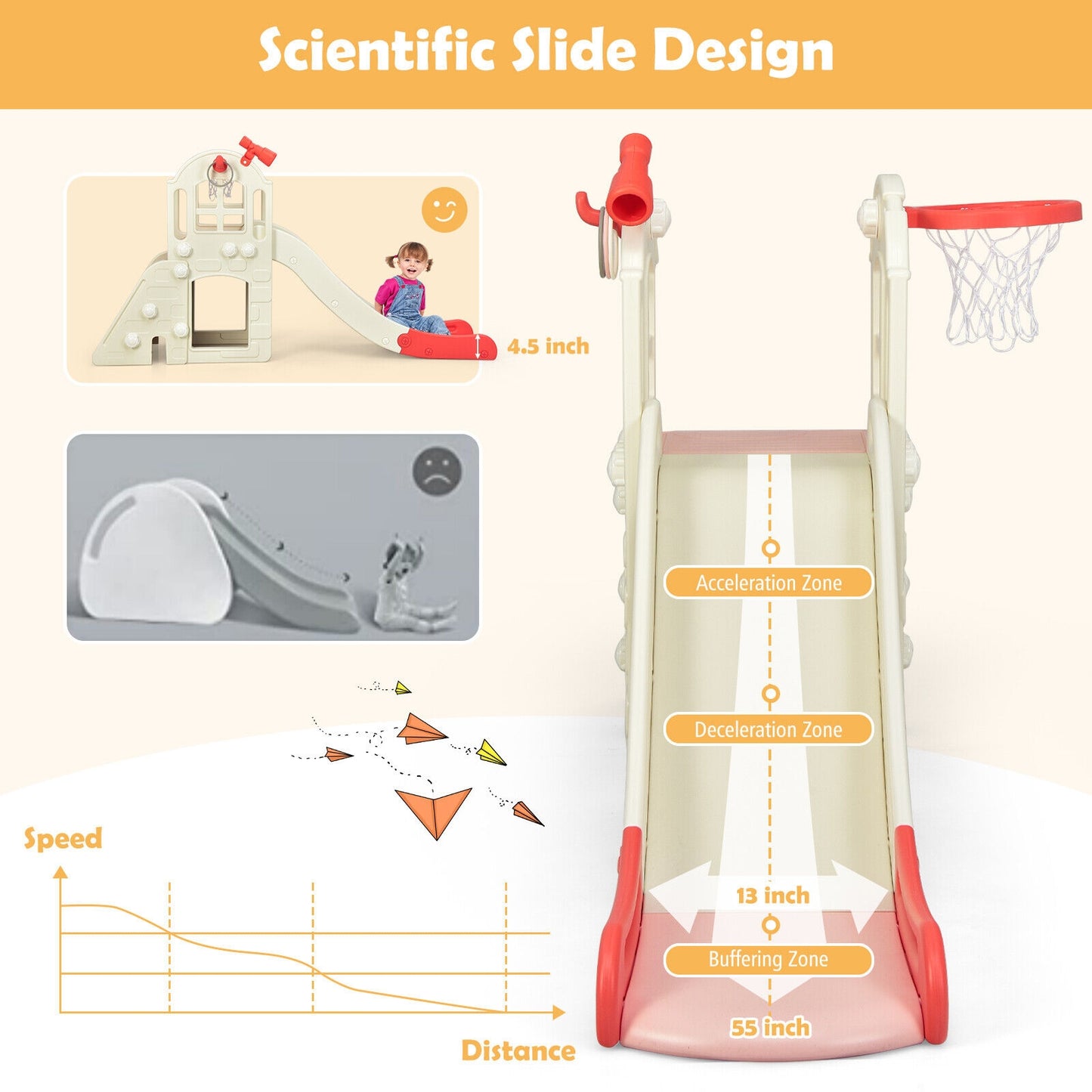 6-In-1 Large Slide for Kids Toddler Climber Slide Playset with Basketball Hoop, Pink Climbers & Slides at Gallery Canada