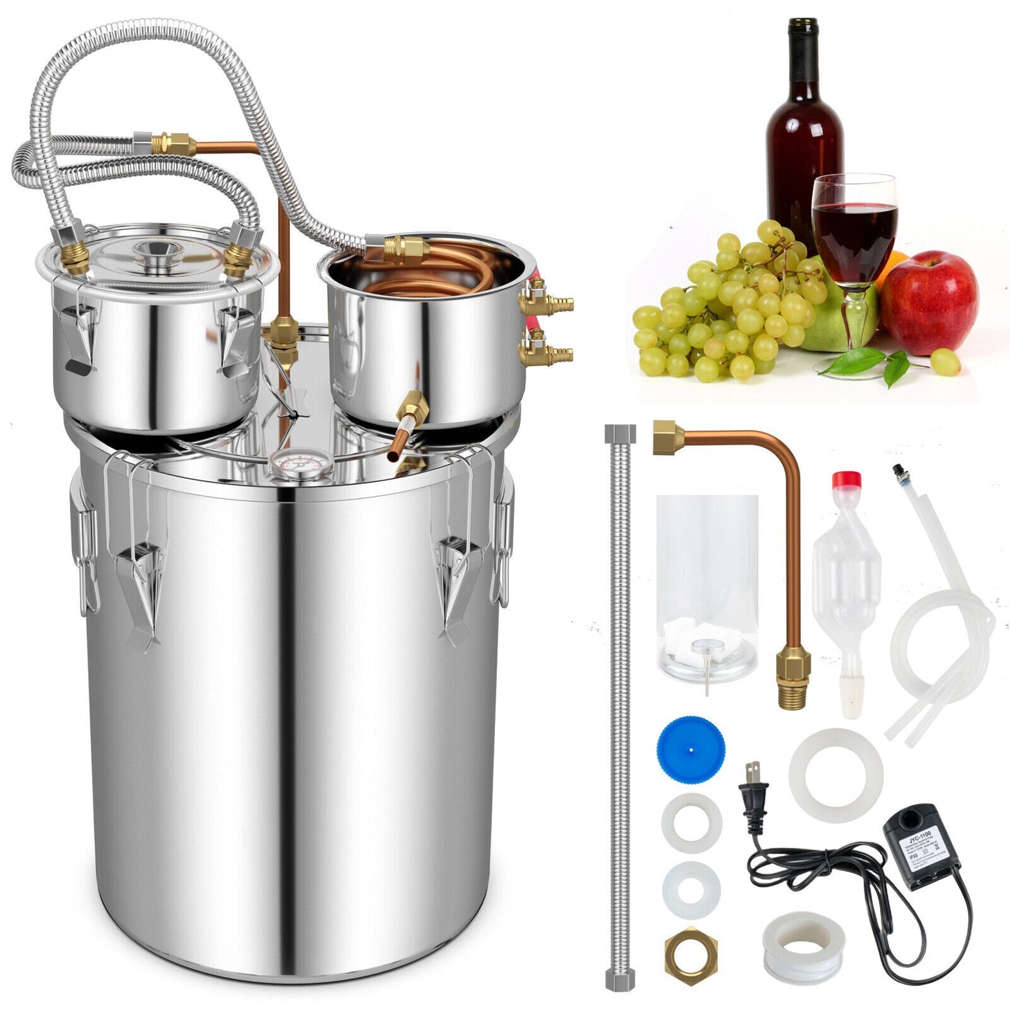 5/10 Gal 22/38 L Water Alcohol Distiller for DIY Whisky-10 Gal, Silver