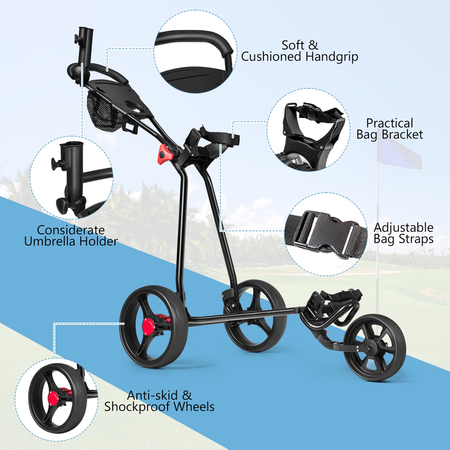 3 Wheel Durable Foldable Steel Golf Cart with Mesh Bag, Black Golf at Gallery Canada