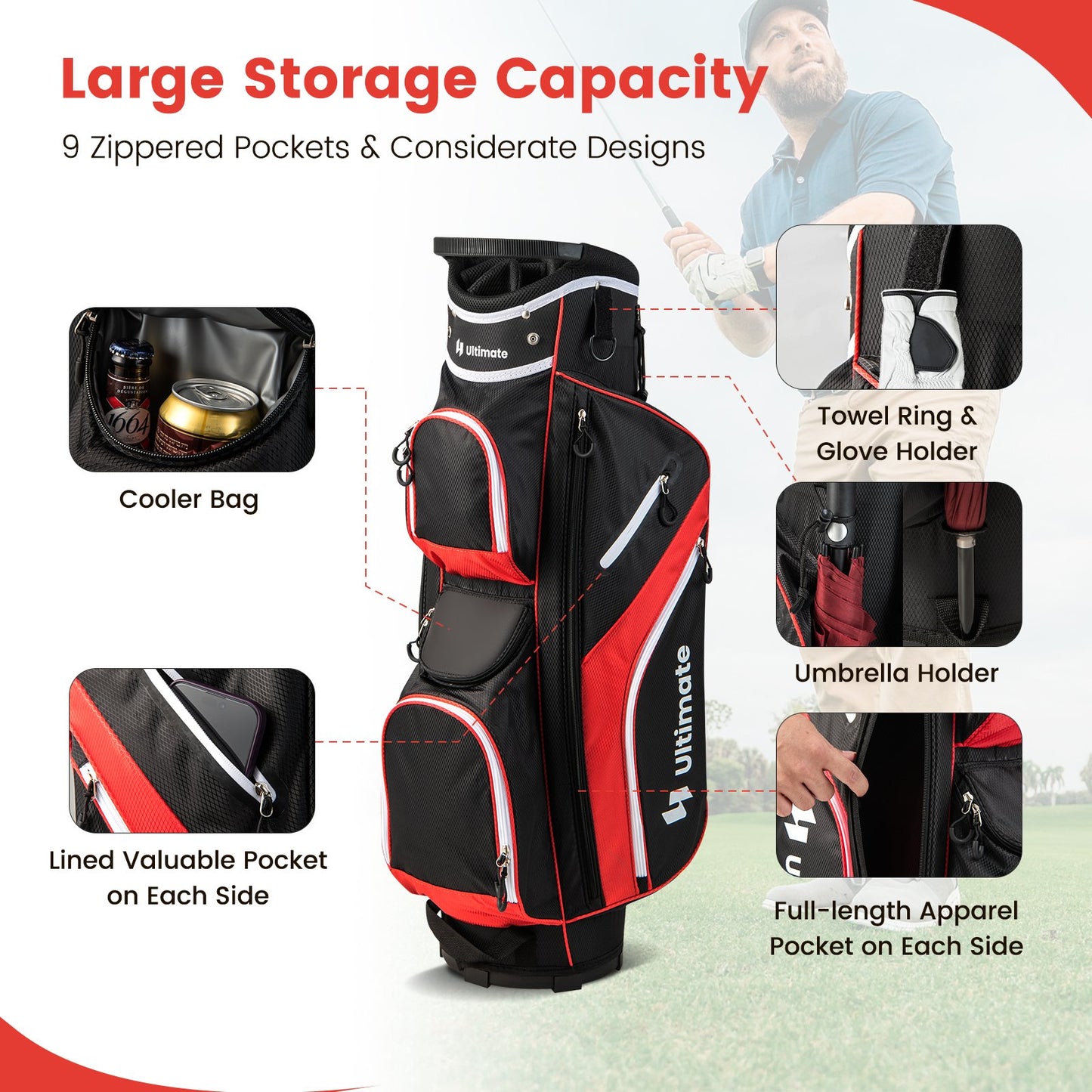 Golf Cart Bag with 14 Way Top Dividers, Red at Gallery Canada