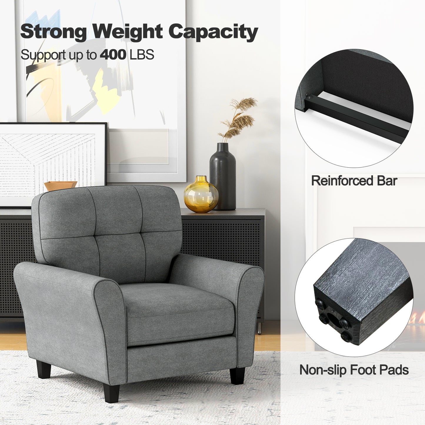Modern Upholstered Accent Chair with Rubber Wood Legs, Gray Accent Chairs at Gallery Canada