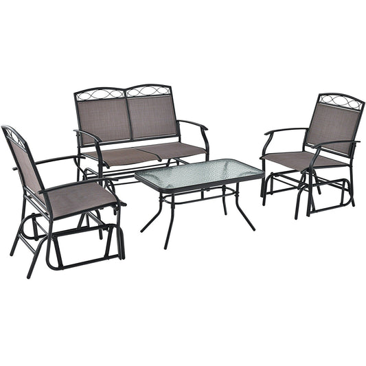 4 Piece Patio Glider Conversation Set with Tempered Glass Table Top, Brown