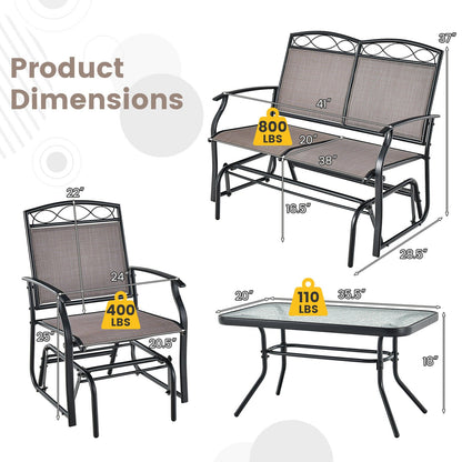 4 Piece Patio Glider Conversation Set with Tempered Glass Table Top, Brown