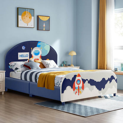 Kids Upholstered Platform Bed with Headboard and Footboard, Dark Blue