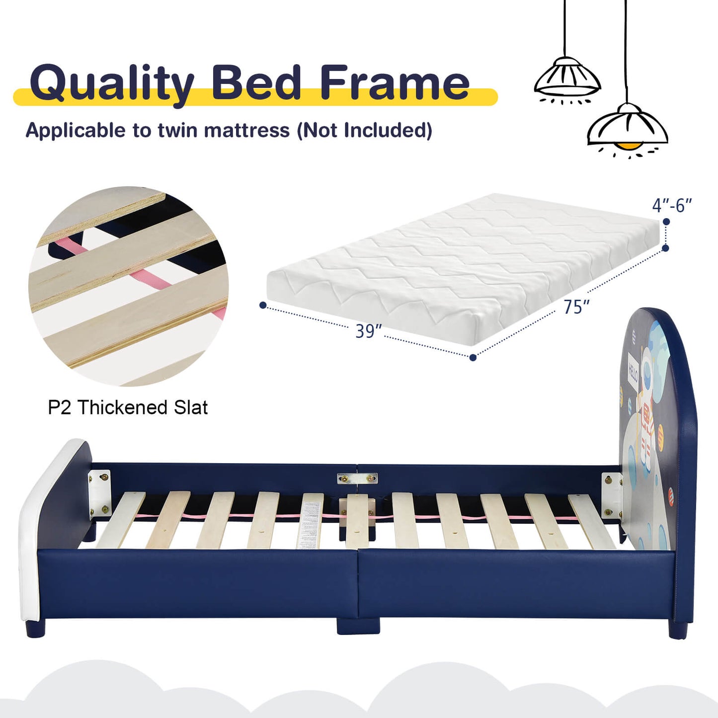 Kids Upholstered Platform Bed, Headboard And Footboard, Dark Blue Toddler Beds at Gallery Canada