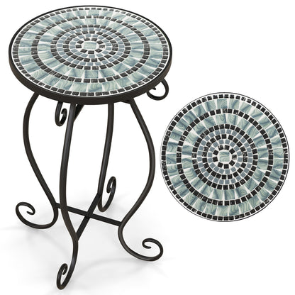 Small Plant Stand with Weather Resistant Ceramic Tile Tabletop, Black & Smoke Blue