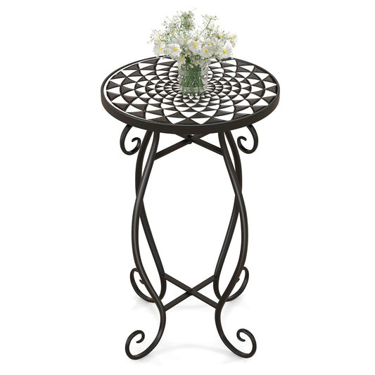 Small Plant Stand with Weather Resistant Ceramic Tile Tabletop, Black & White