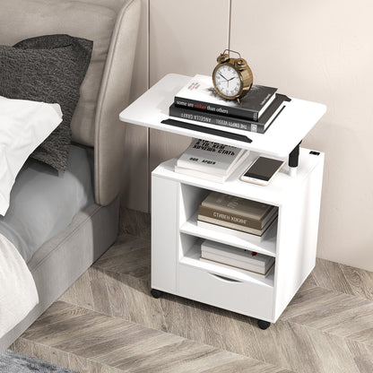 Nightstand Bedside Table Swivel Laptop Tray with Charging Station and LED Lights, White