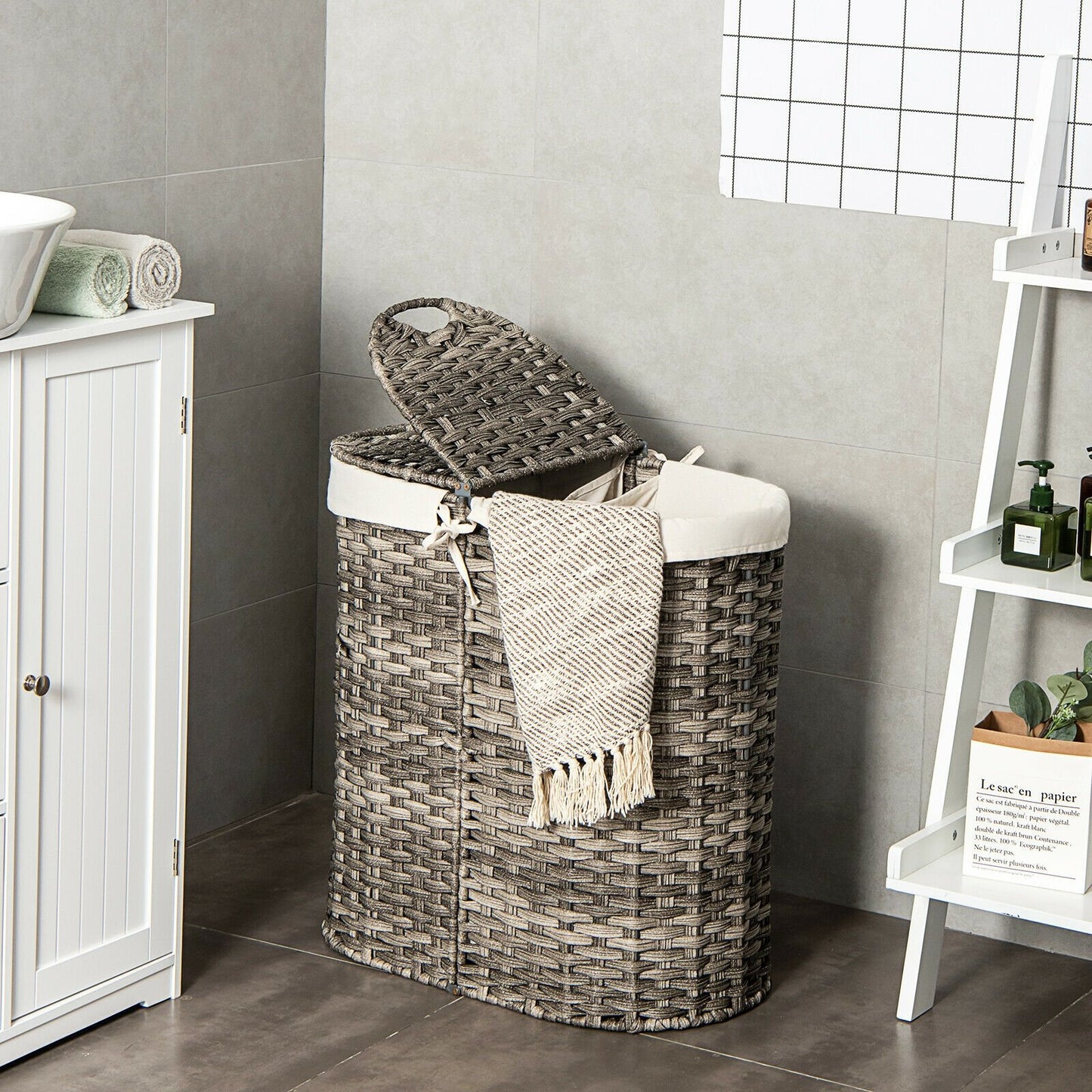 Handwoven Laundry Hamper Basket with 2 Removable Liner Bags, Gray