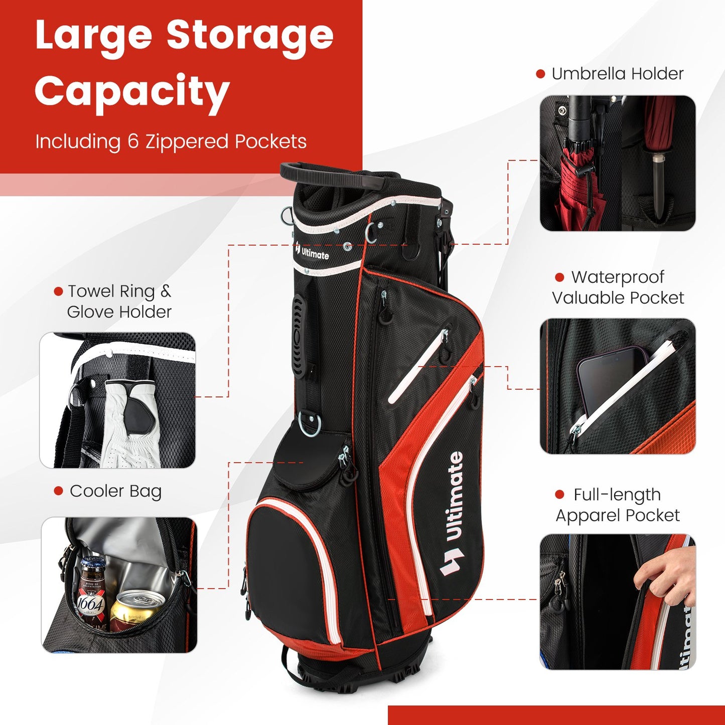 Lightweight Golf Stand Bag with 14 Way Top Dividers and 6 Pockets, Red