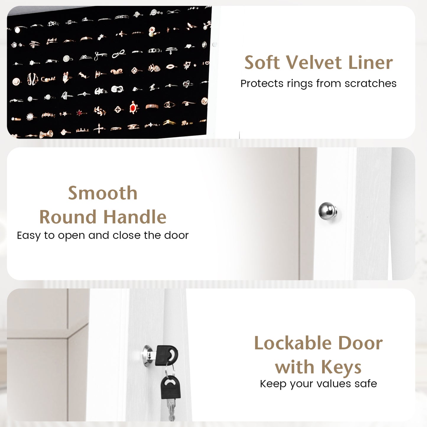 Lockable Freestanding Jewelry Armoire, Full Length Mirror, White