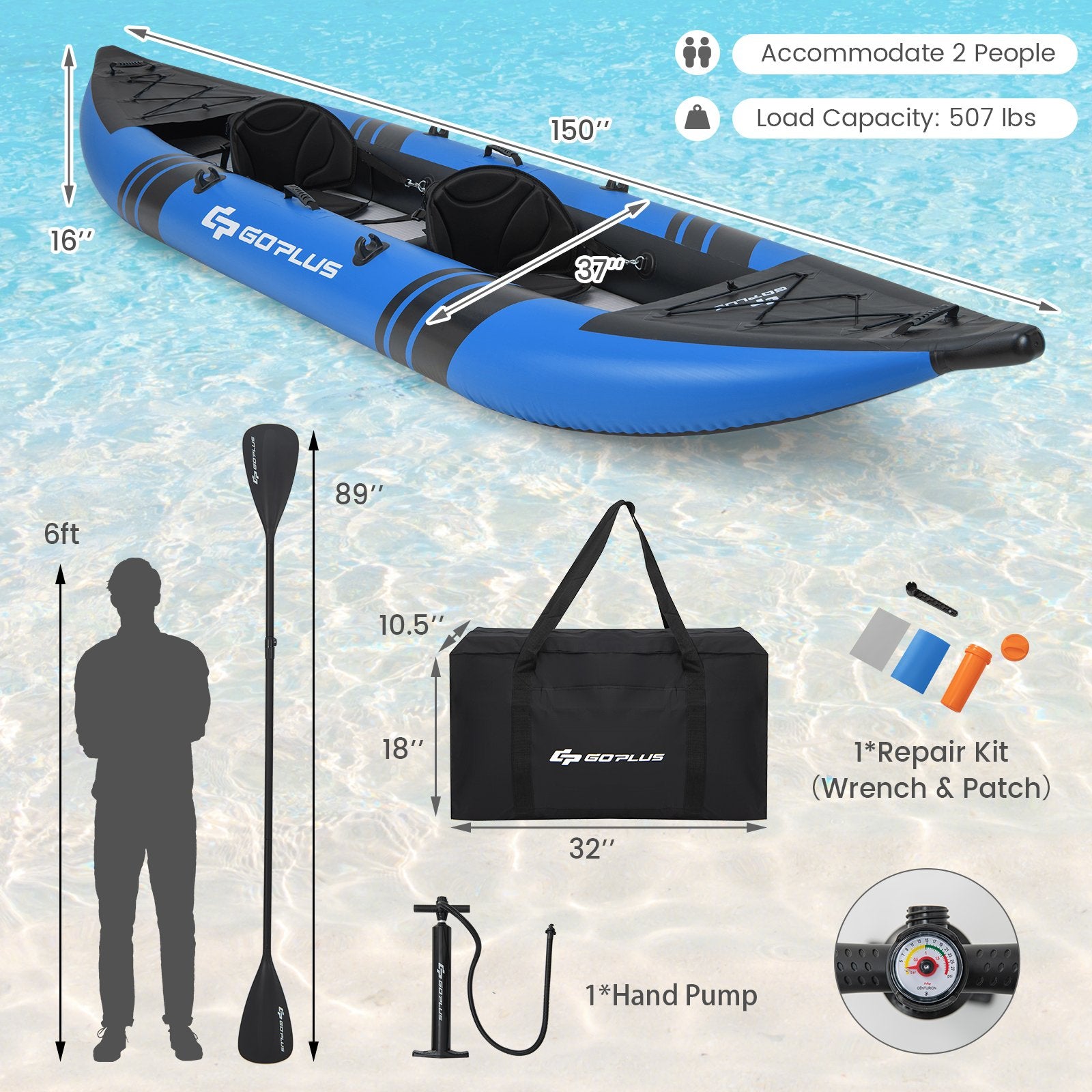 Inflatable 2-person Kayak Set with Aluminium Oars and Repair Kit, Blue at Gallery Canada