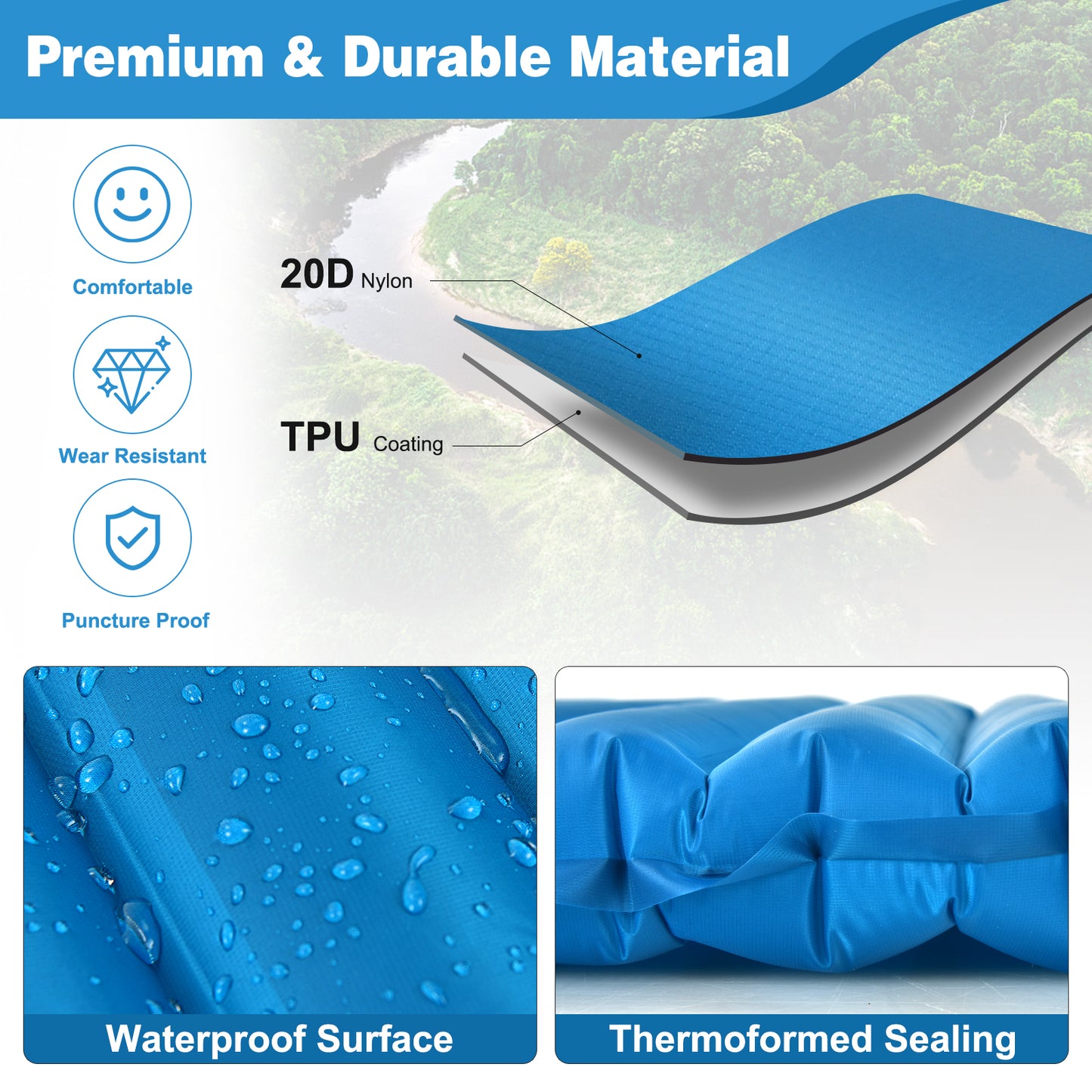 3 Inch Thick Inflatable Waterproof Camping Sleeping Pad, Blue Air Mattresses & Sleeping Bags at Gallery Canada