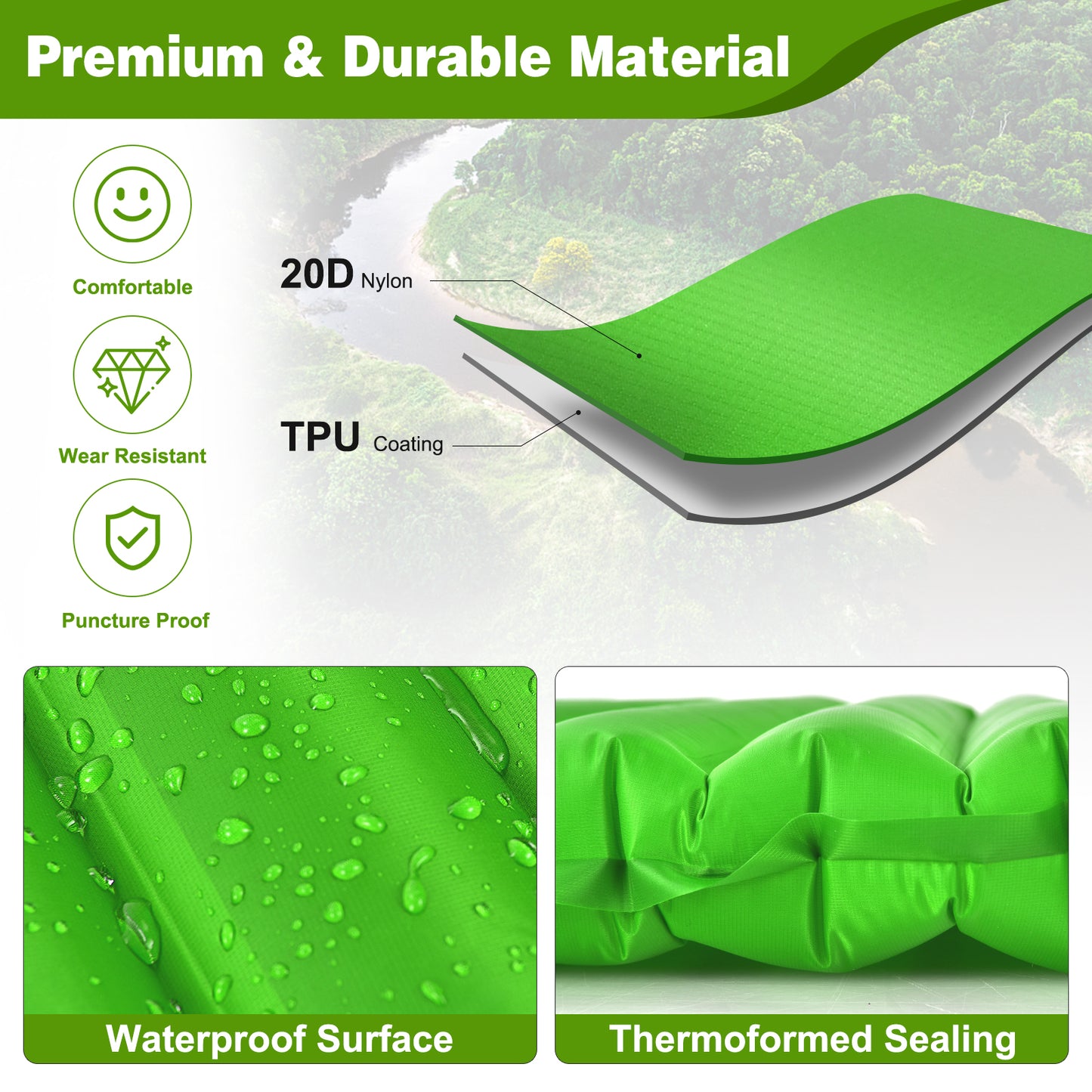 3 Inch Thick Inflatable Waterproof Camping Sleeping Pad, Green Air Mattresses & Sleeping Bags at Gallery Canada