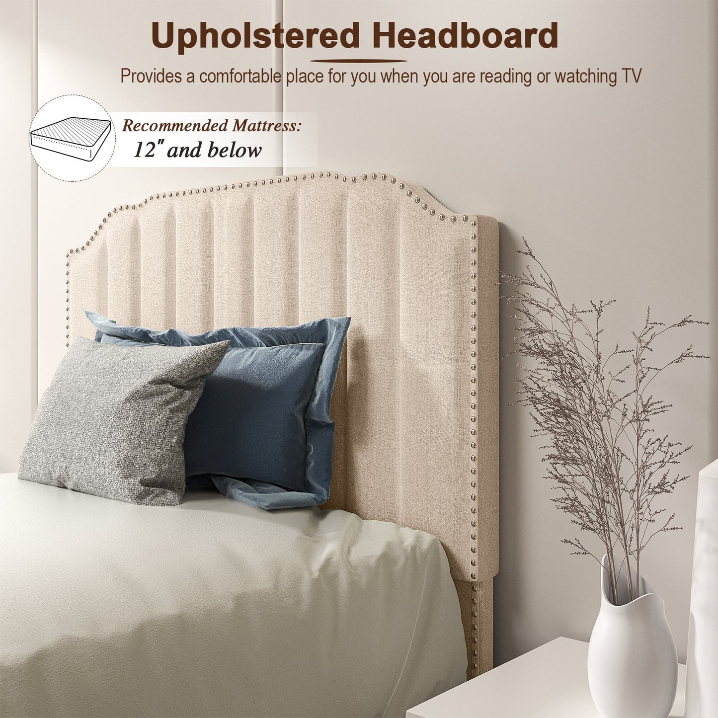 Heavy Duty Upholstered Bed Frame with Rivet Headboard-Twin Size, Beige