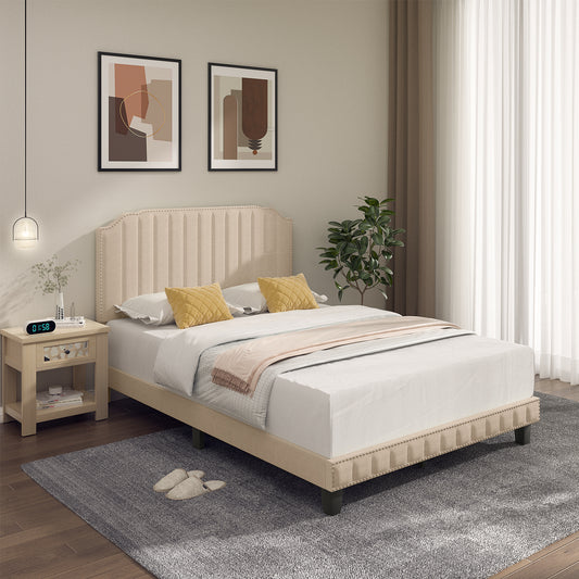 Cadre de lit capitonné robuste, taille complète, beige