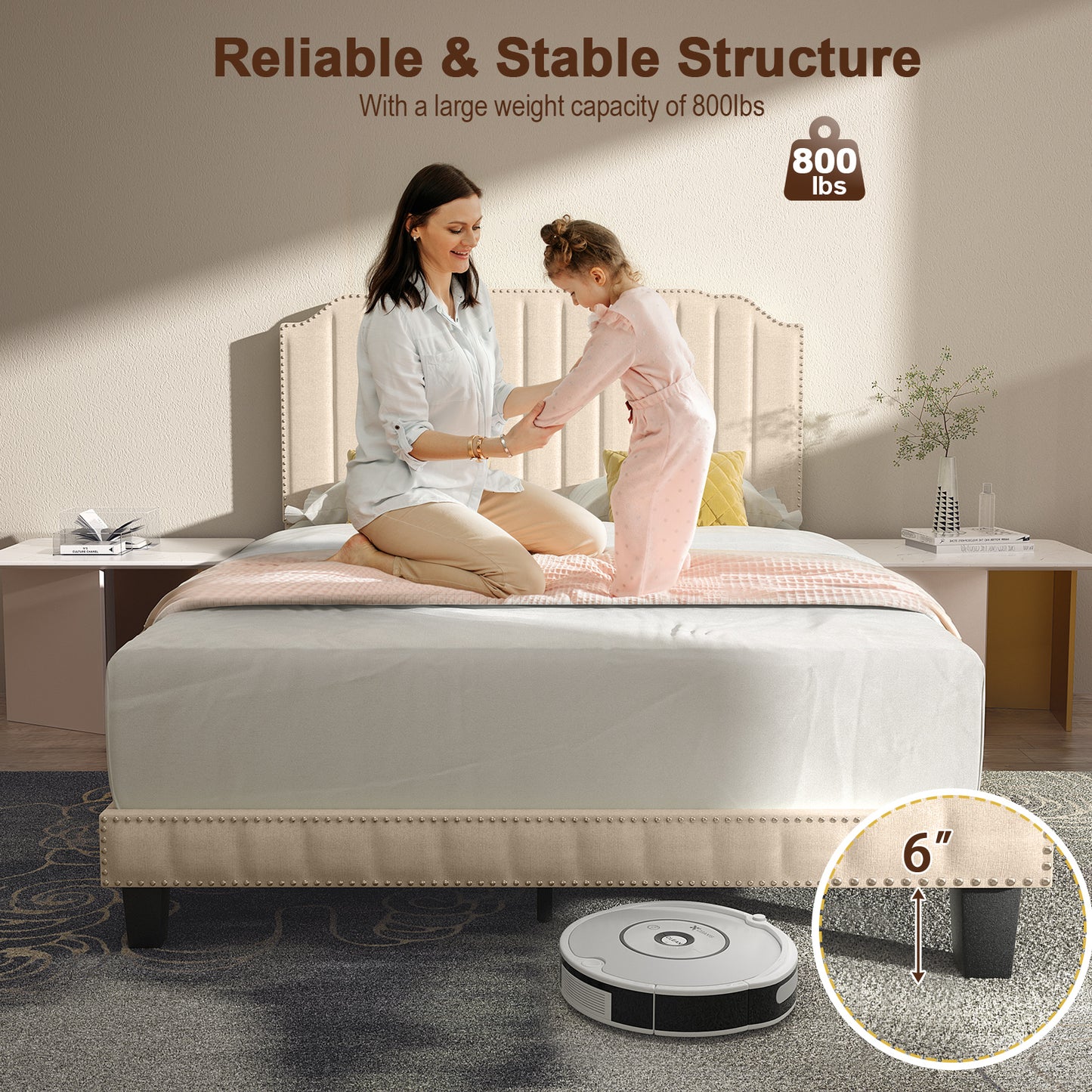 Heavy Duty Upholstered Bed Frame, Full Size, Beige Simple Bed Frame at Gallery Canada