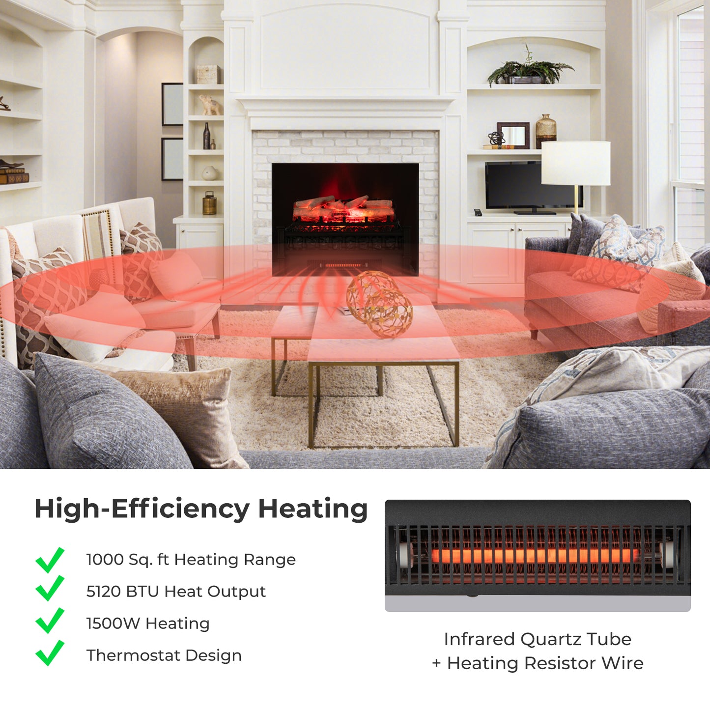 20 Inch Electric Fireplace Heater with Realistic Birchwood Ember Bed, Black Fireplaces at Gallery Canada