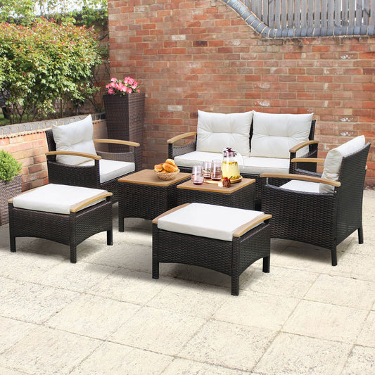 7 Piece Rattan Patio Sofa Set, Acacia Wood Tabletop, Off White Patio Conversation Sets Off White at Gallery Canada