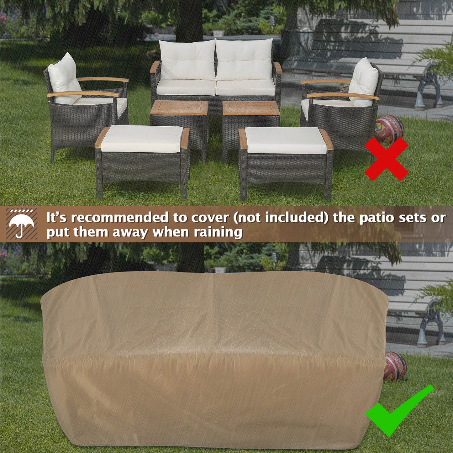 7 Piece Rattan Patio Sofa Set, Acacia Wood Tabletop, Off White Patio Conversation Sets at Gallery Canada