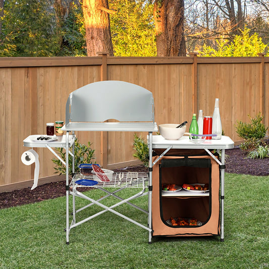 Foldable Outdoor BBQ Portable Grilling Table With Windscreen Bag, Brown