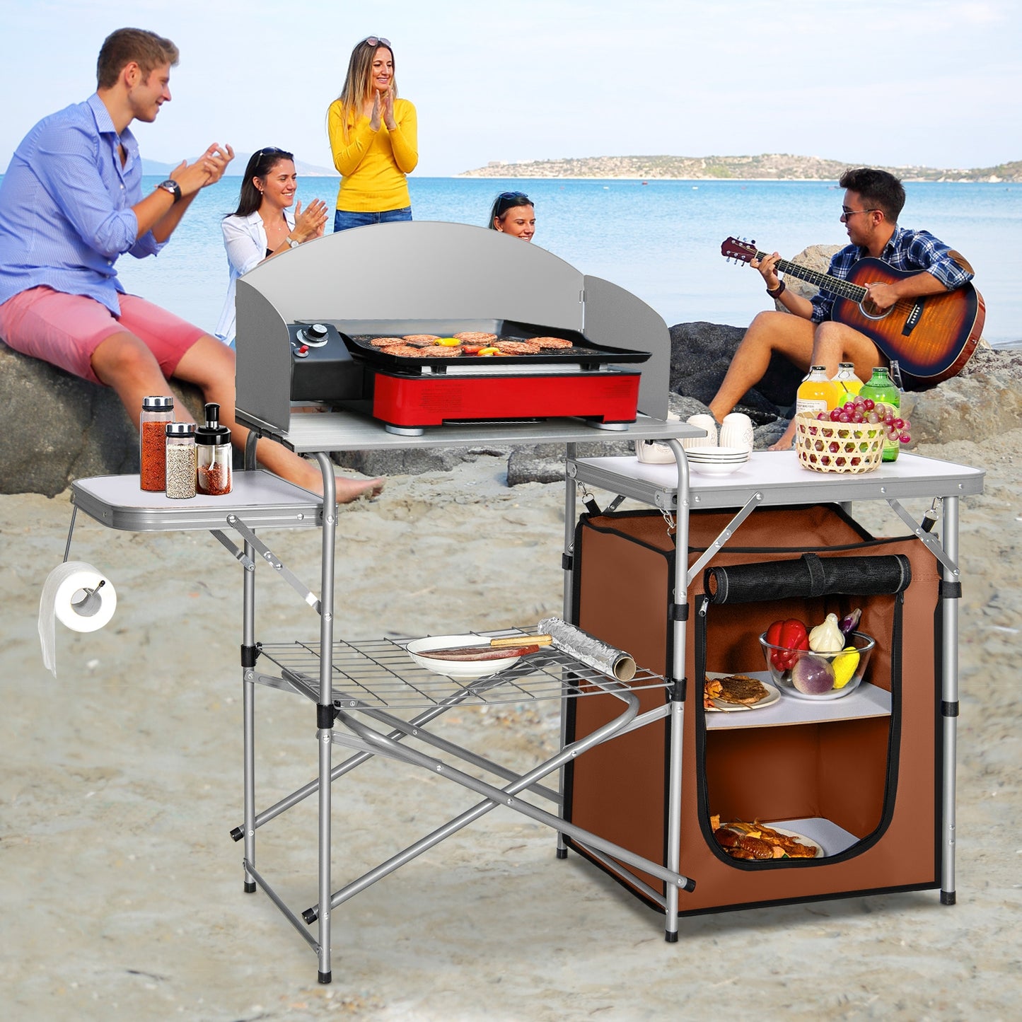 Foldable Outdoor BBQ Portable Grilling Table, Brown