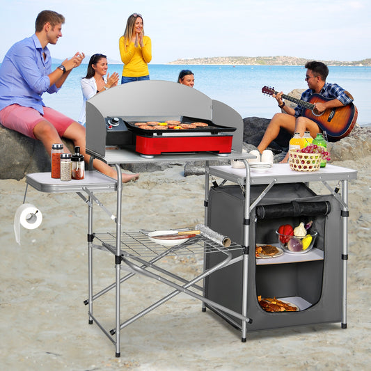 Foldable Portable BBQ Grilling Table With Windscreen Bag, Gray