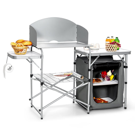 Foldable Outdoor BBQ Portable Grilling Table With Windscreen Bag, Gray