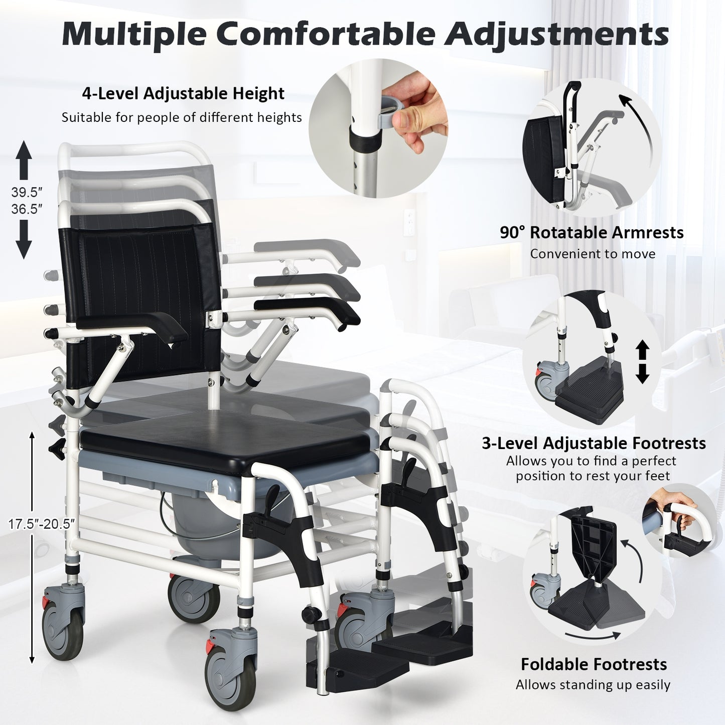 4-In-1 Bedside Commode Wheelchair, Detachable Bucket, White, Black Walkers & Rollators at Gallery Canada