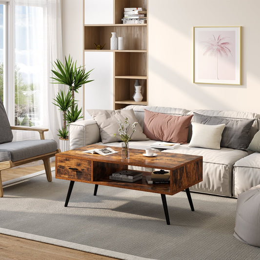 Retro Rectangular Coffee Table With Drawer, Storage Shelf, Brown Coffee Tables Brown at Gallery Canada