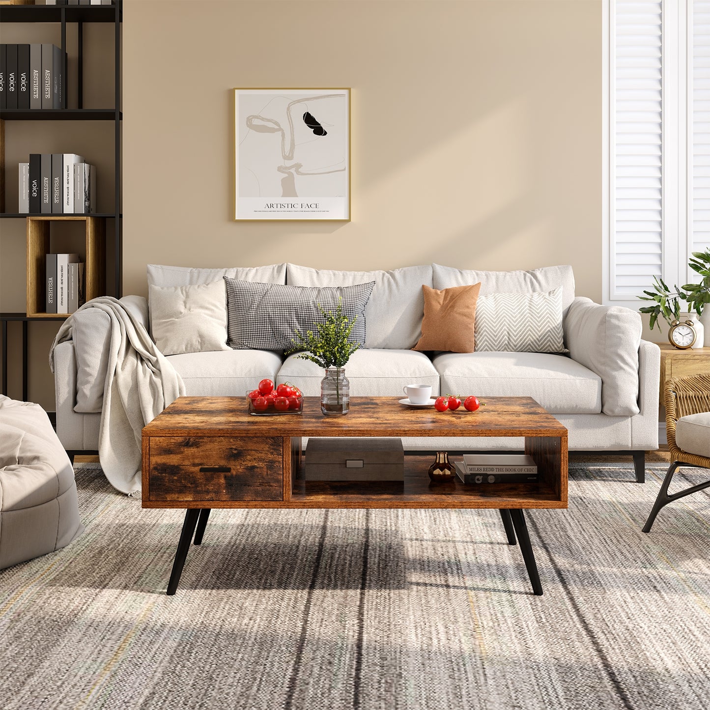 Retro Rectangular Coffee Table With Drawer, Storage Shelf, Brown Coffee Tables at Gallery Canada