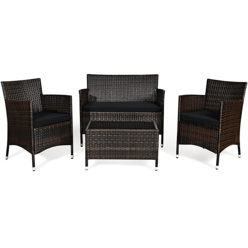 4 Pieces Rattan Sofa Set with Glass Table and Comfortable Wicker for Outdoor Patio, Black