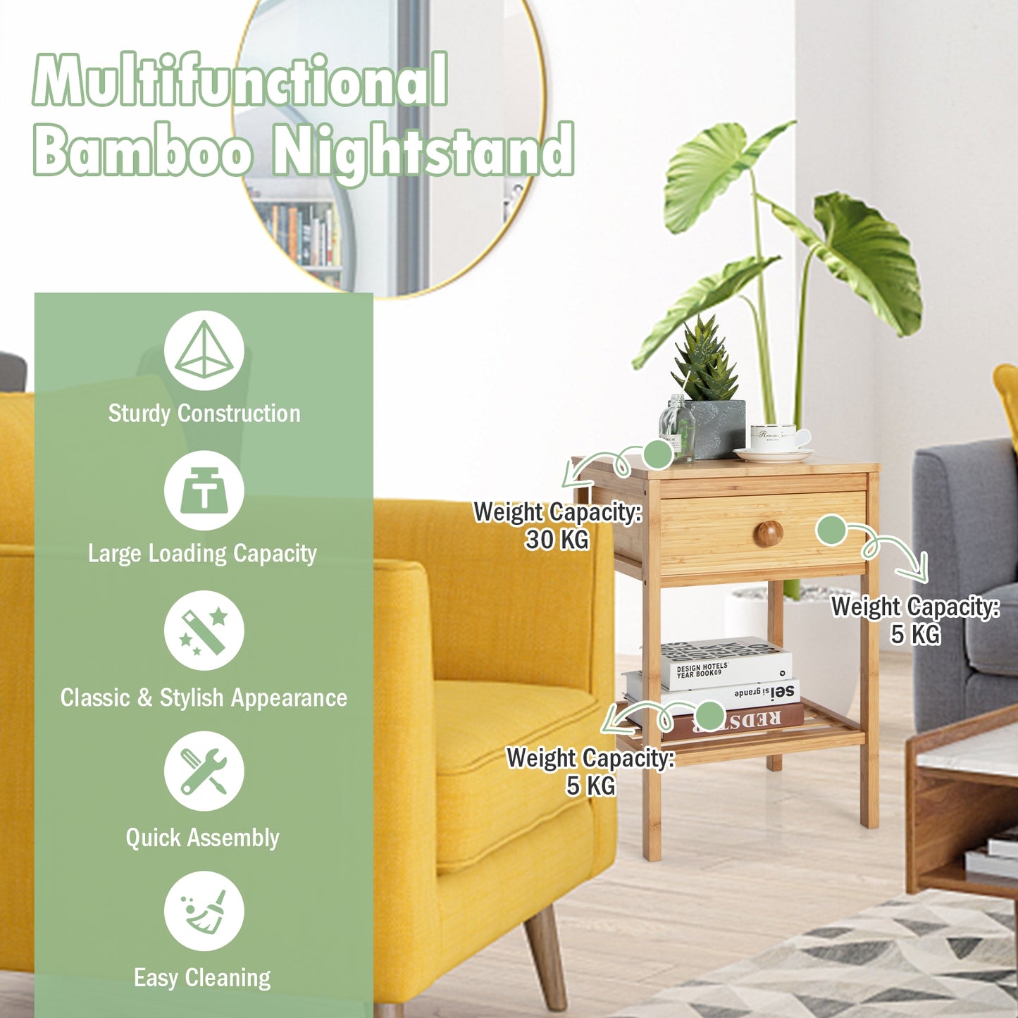 Bamboo Nightstand with Drawer and Open Shelf, Natural Nightstands at Gallery Canada