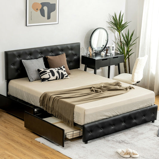 Full Queen PU Leather Platform Bed, 4 Drawers, Full Size Simple Bed Frame Options at Gallery Canada