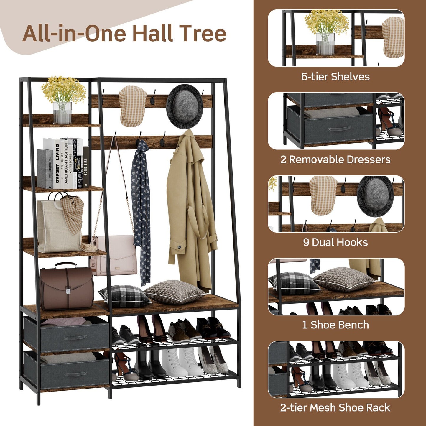 6-in-1 Freestanding Hall Tree Coat Rack with Bench and Fabric Dressers, Rustic Brown