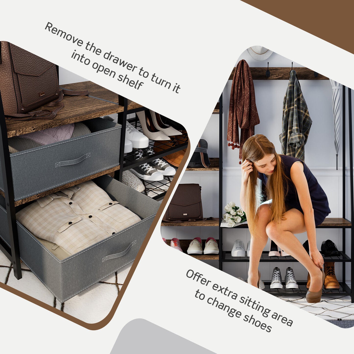 6-in-1 Freestanding Hall Tree Coat Rack with Bench and Fabric Dressers, Rustic Brown Clothing & Closet Storage at Gallery Canada