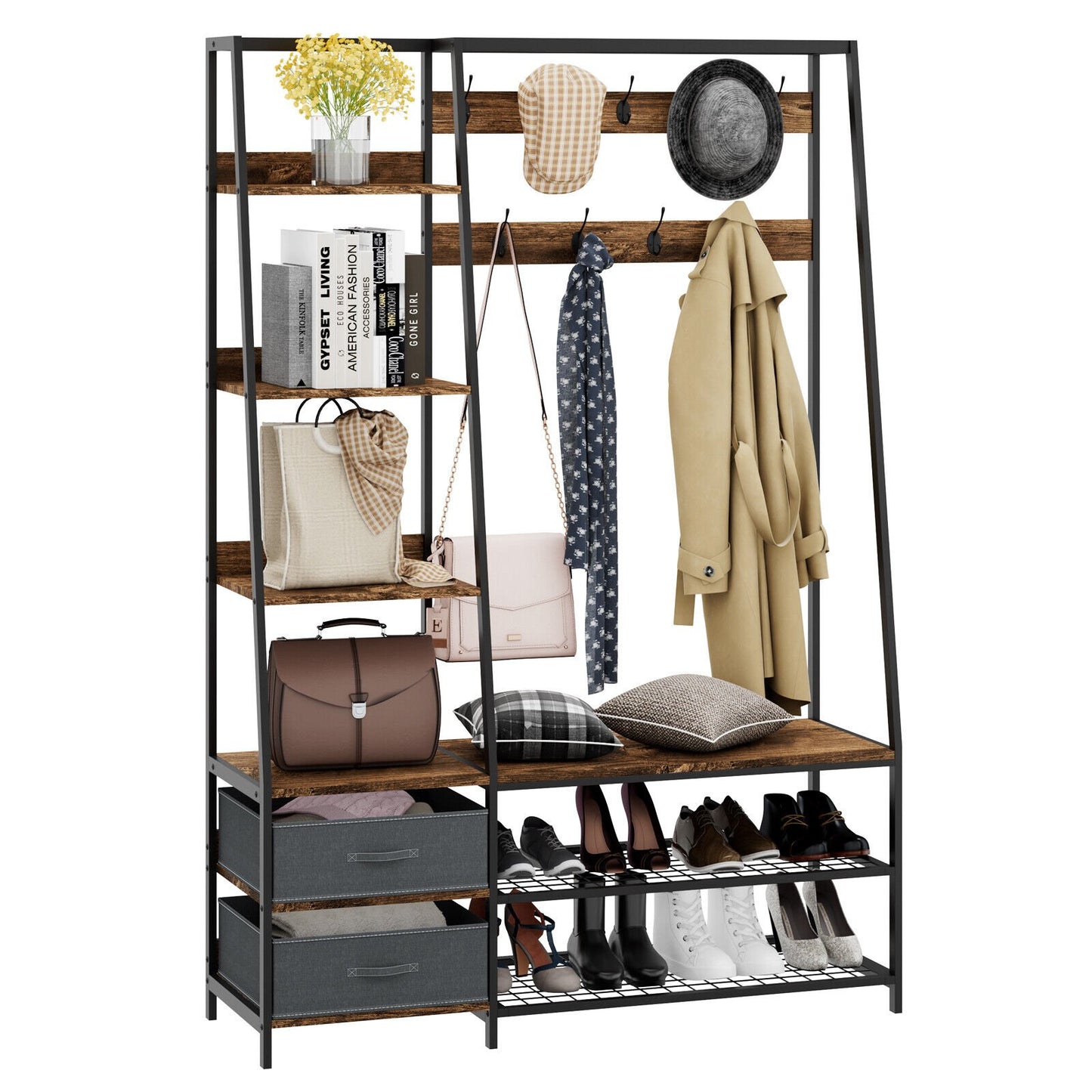 6-in-1 Freestanding Hall Tree Coat Rack with Bench and Fabric Dressers, Rustic Brown at Gallery Canada