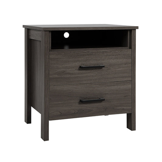 Modern Wood Grain Nightstand with Cable Hole and Open Compartment, Walnut