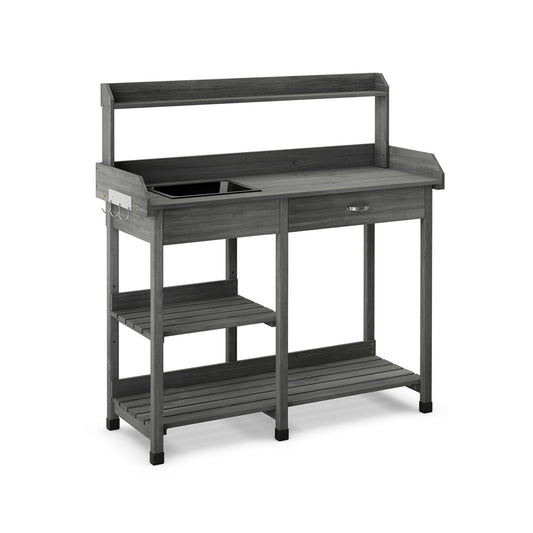 Fir Wood Potting Bench with Open Shelves and Sink for Planting, Gray at Gallery Canada