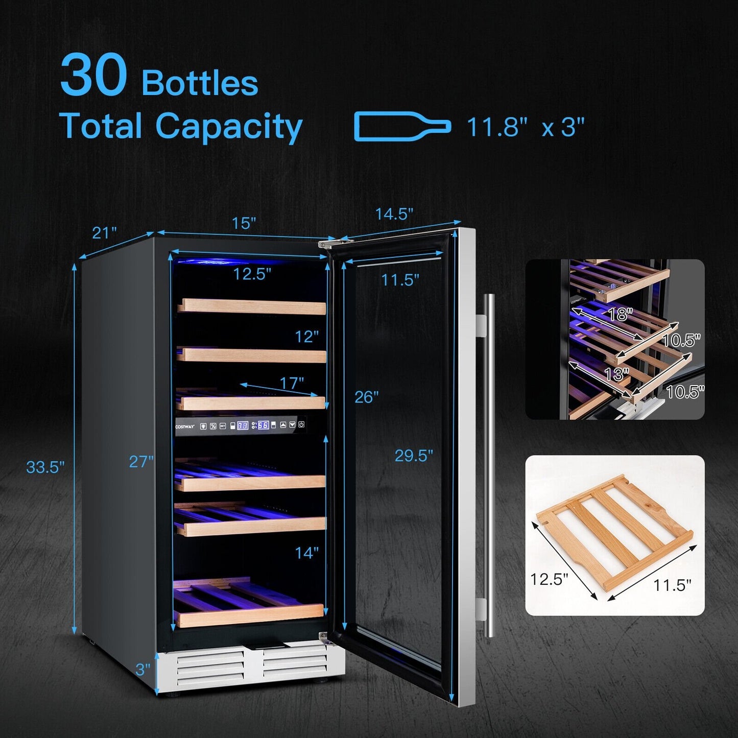 30-Bottle Freestanding Wine Cooler with Temp Memory and Dual Zones , Silver