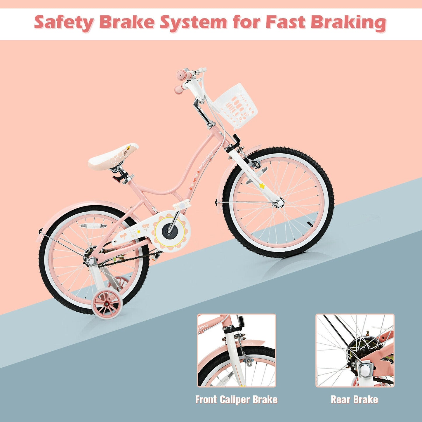 18 Inch Kids Adjustable Bike With Training Wheels, Pink