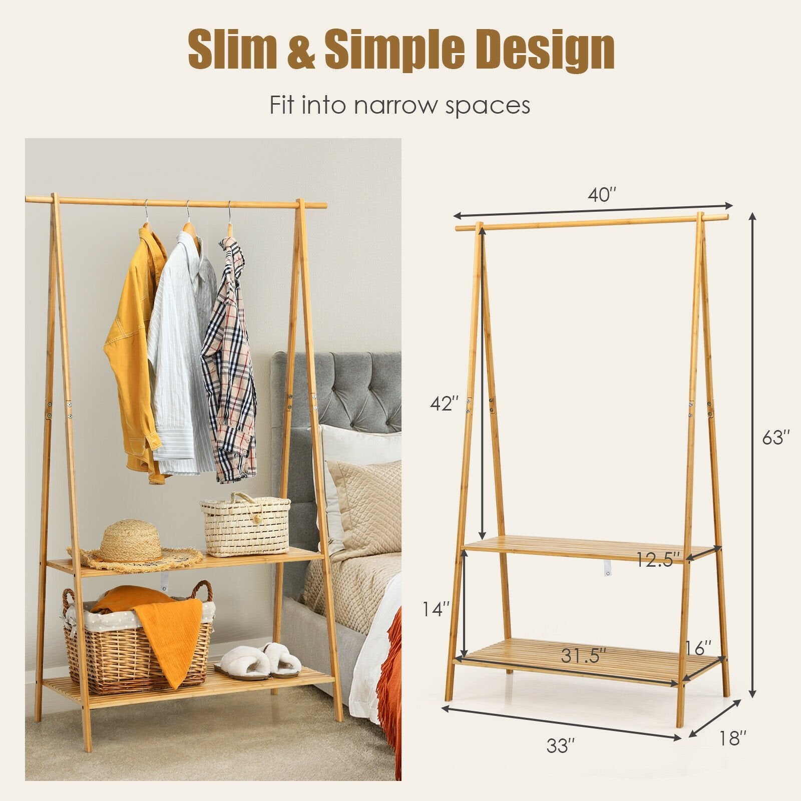 Bamboo Clothes Hanging Rack with 2-Tier Storage Shelf for Entryway Bedroom, Natural at Gallery Canada